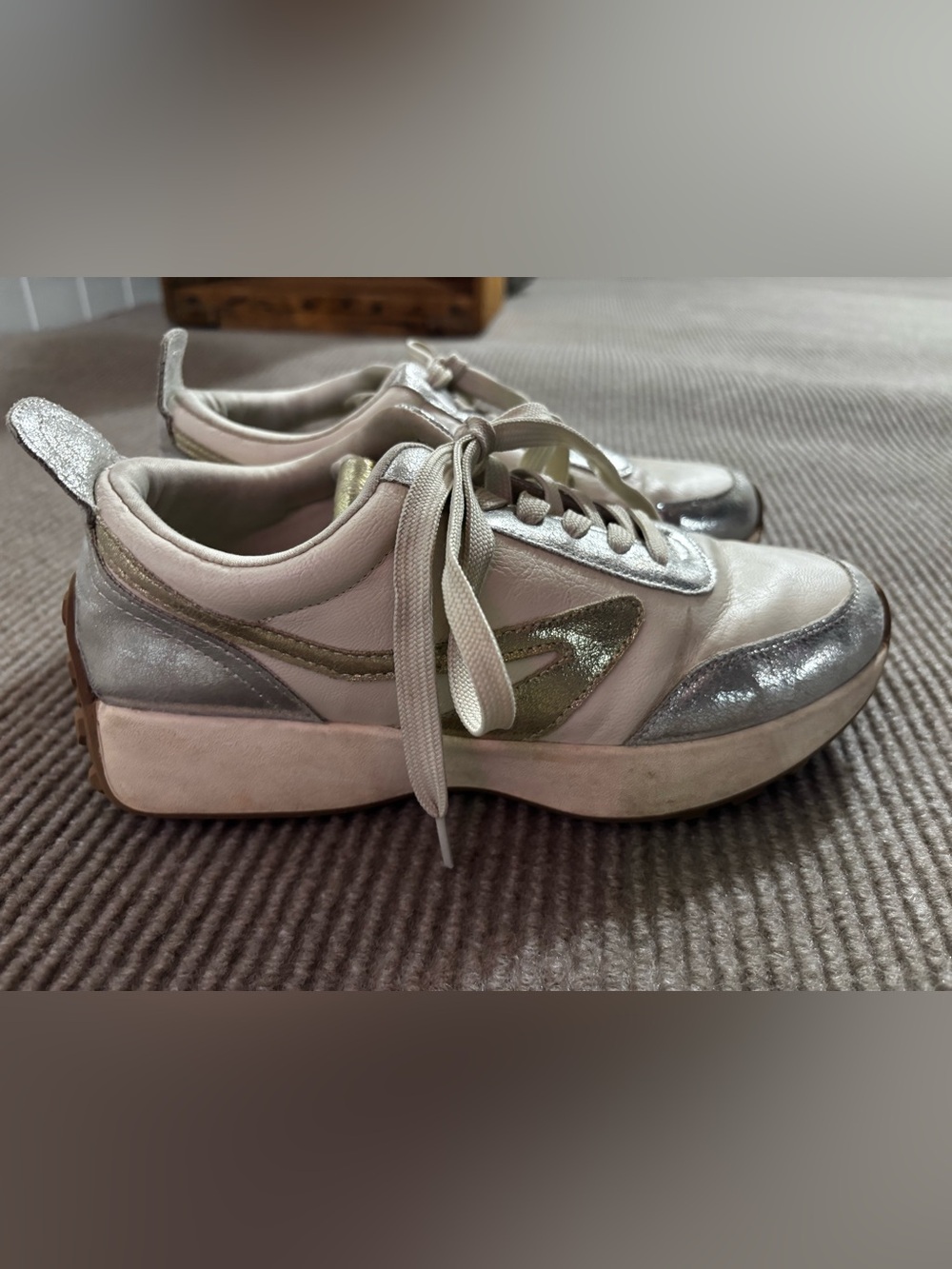 Dolce Vita White & Silver Leather Lace-Up Sneakers